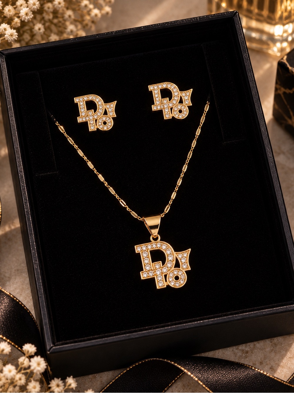 Gold filled -Inspired zirconia Pendant Necklace & Stud Earrings Set - Gold